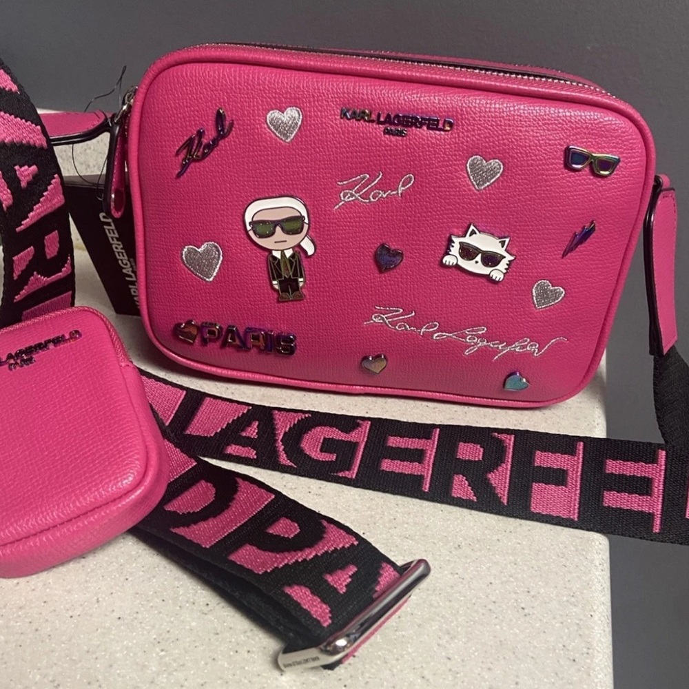KARL LAGERFELD MAYBELLE Crossbody Bag Hot Pink Zipper Close Purse With Pins New